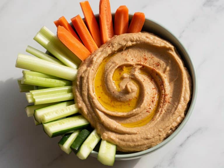 Houmous de haricots rouges servi avec bâtonnets de crudités