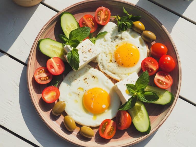 Petit-déjeuner méditerranéen aux œufs, tomates cerises, concombre, olives et féta