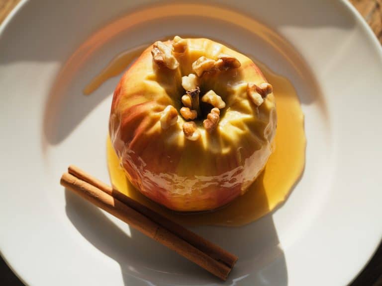 Pomme rôtie au miel et noix concassées avec bâton de cannelle