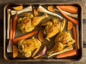 Poulet rôti au curcuma et légumes racines
