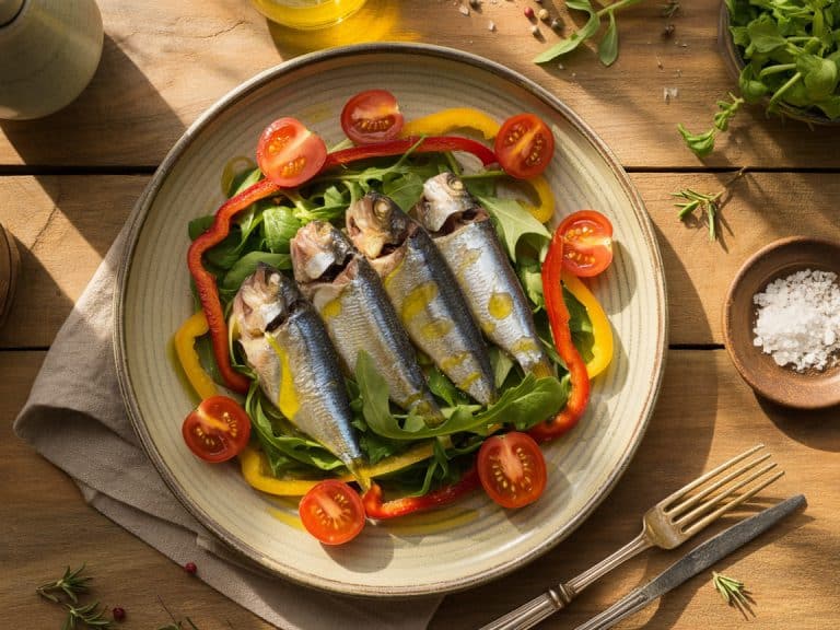 Sardines en salade tiède aux poivrons rôtis et roquette