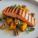 Saumon grillé avec cubes de courge butternut rôtis et noix sur assiette blanche