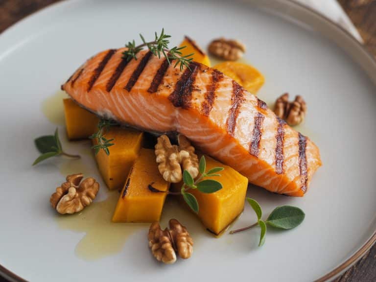 Saumon grillé avec cubes de courge butternut rôtis et noix sur assiette blanche