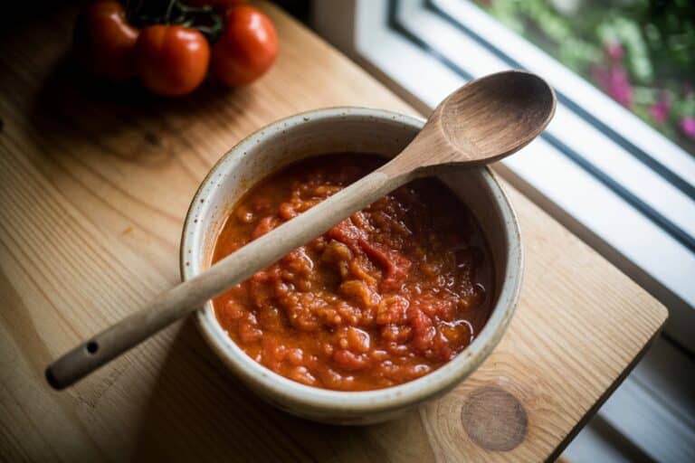 Sauce tomate maison dans un bol en céramique avec basilic