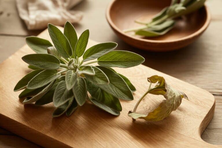 Feuilles de sauge fraiche veloutées sur planche en bois