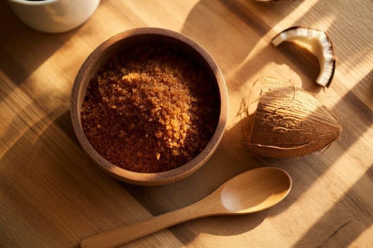 Sucre de coco brun dans un bol en bois