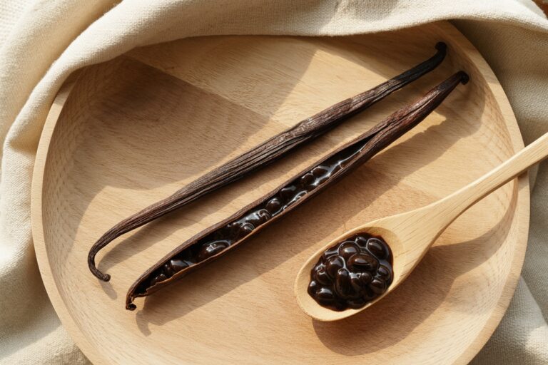Gousses de vanille fendues montrant les graines noires
