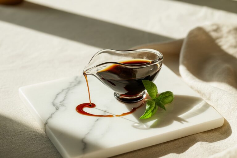 Vinaigre balsamique versé d'une bouteille en verre sur marbre