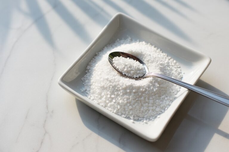 Cristaux de xylitol dans un bol en céramique blanche