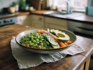Bowl de riz complet, édamame et sauce sésame