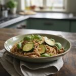Pâtes complètes aux courgettes, basilic et pignons