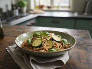 Pâtes complètes aux courgettes, basilic et pignons