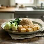 Tofu laqué au miso, pak-choï sauté et riz complet