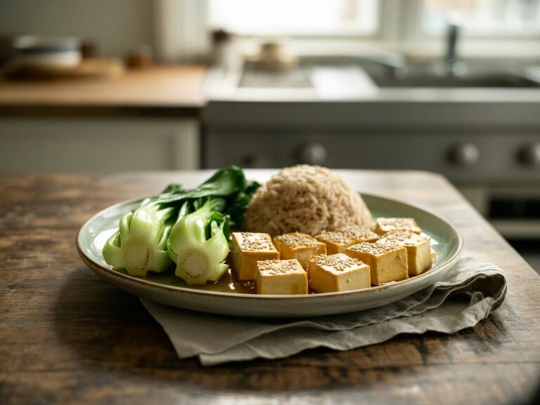 Tofu laqué au miso, pak-choï sauté et riz complet